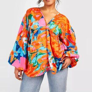 Boohoo Plus Floral Woven V Neck Smock Top